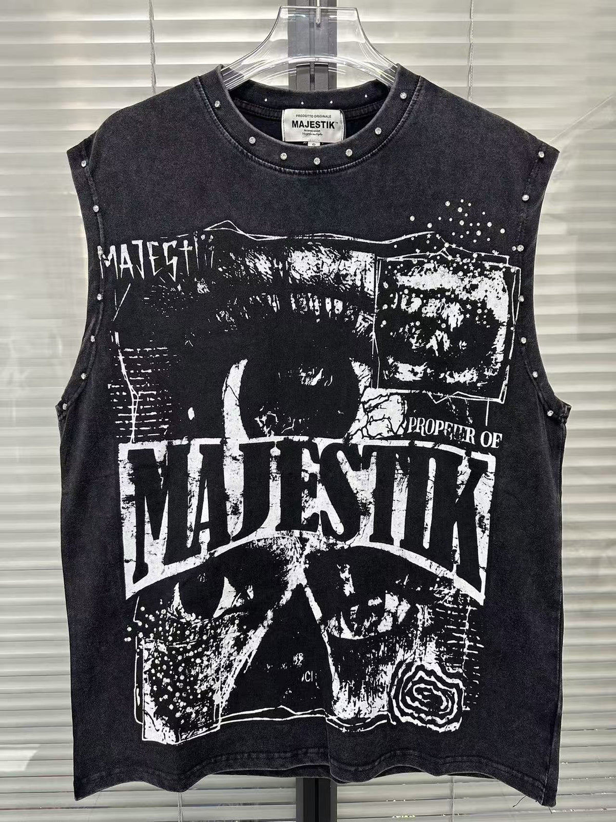 MAJESTIK Washed Black Studded Sleeveless T-Shirt