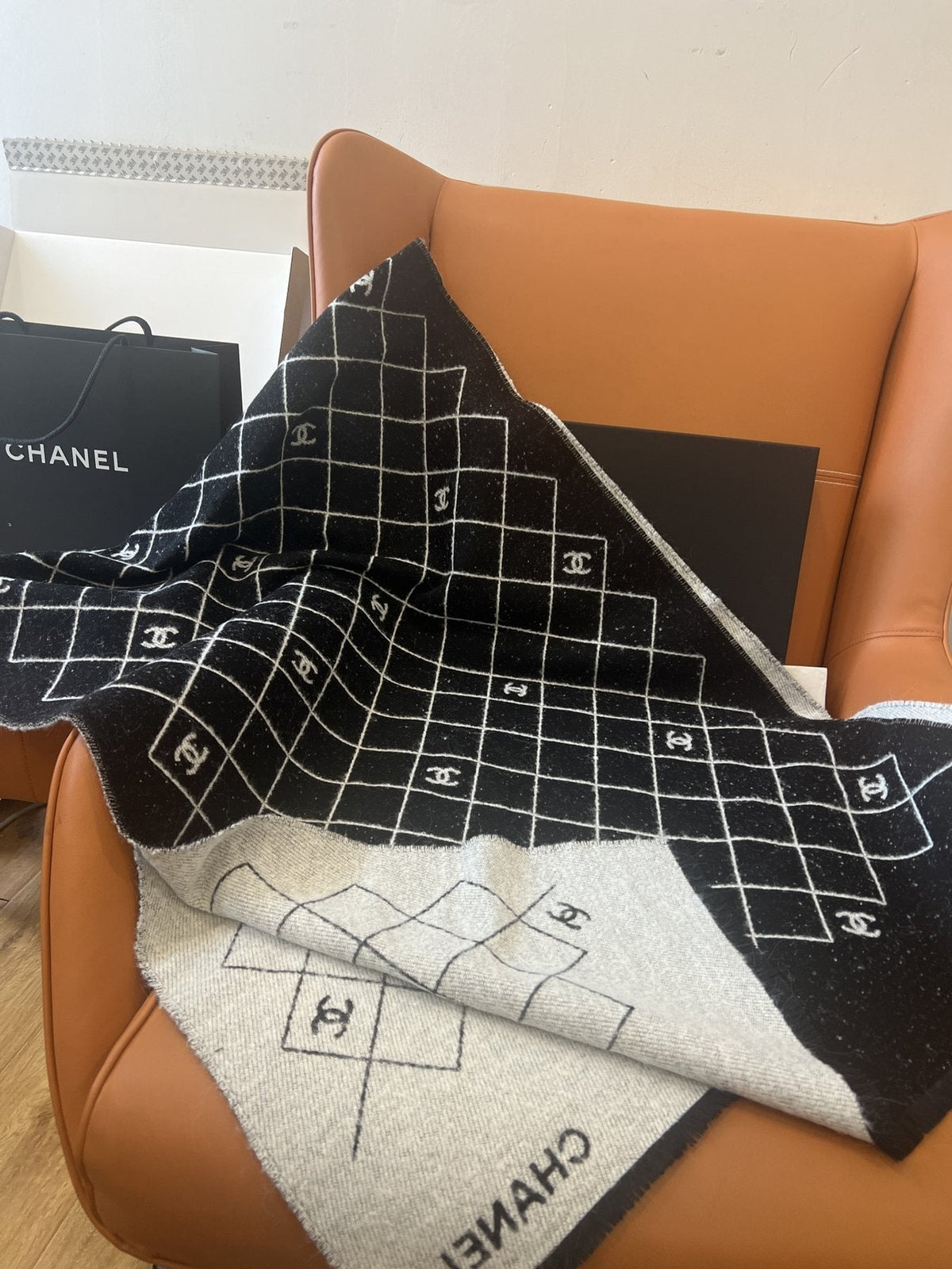 Chanel Black & Ivory Grid Shawl